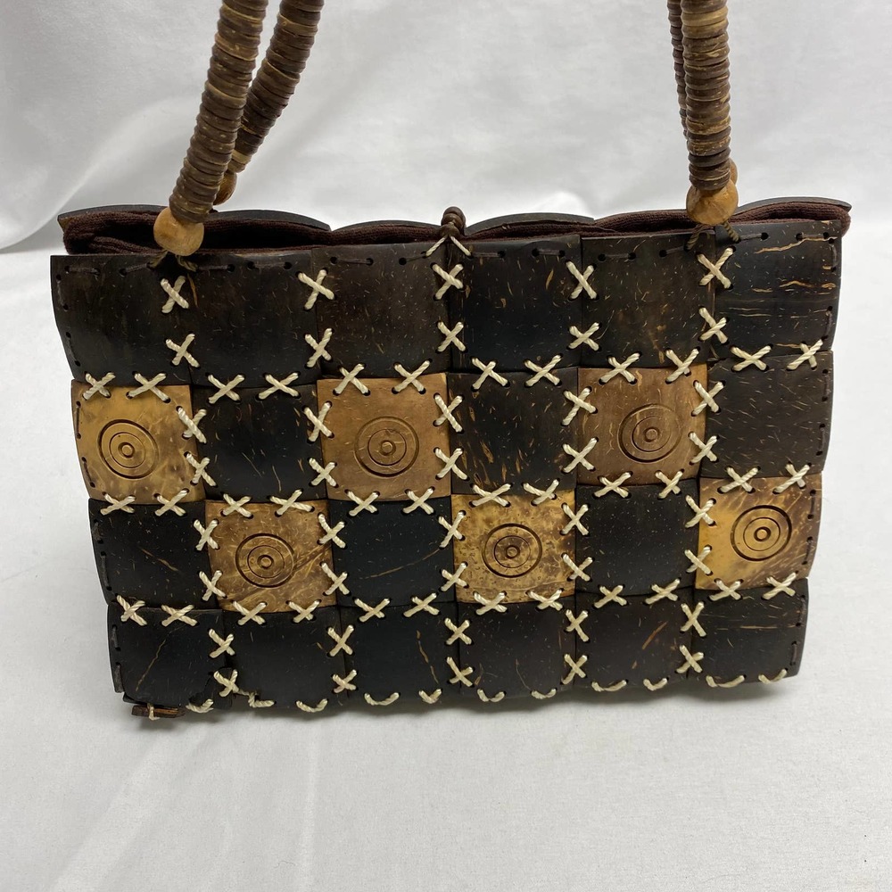 Handmade Coconut Shell Patchwork Handbag Tote Shoulder Beaded Strap - Picture 3 of 10